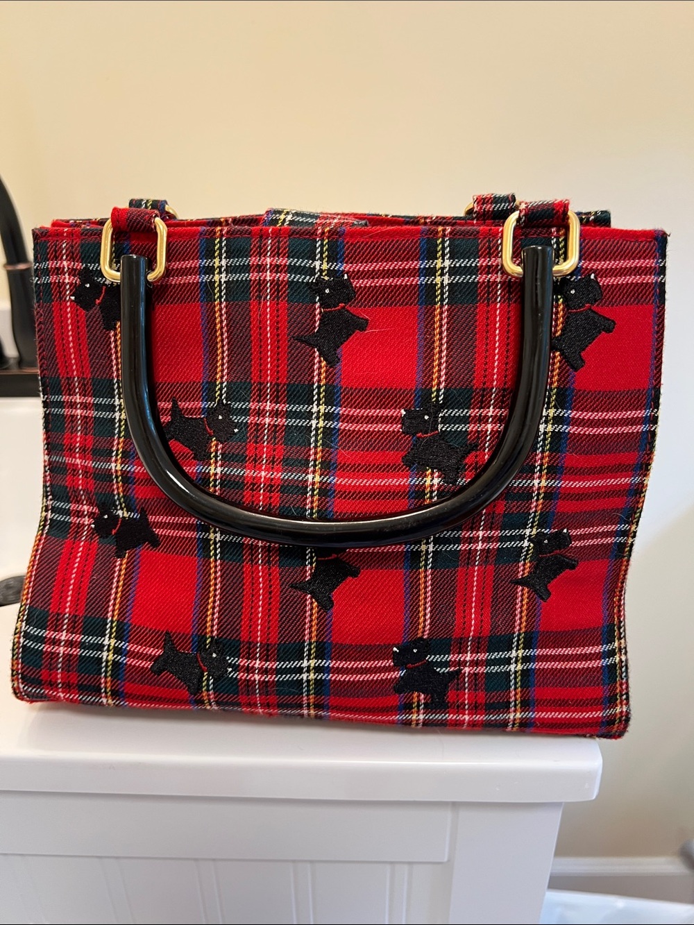 Madison Studio Red Tartan Plaid Tote with Black Accents